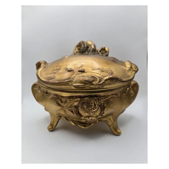 Beautiful Early 1900's Art Nouveau Ornate Gold Sculpted Rose Footed Jewelry Cask - Picture 1 of 9